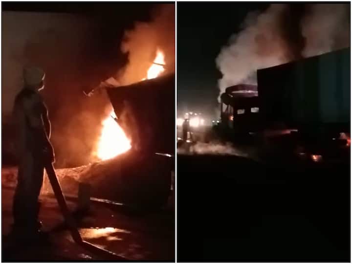 Kakinada district Dharmavaram lorry accident four died fire broken in cabin DNN AP Road Accidents : కాకినాడ జిల్లాలో ఘోర ప్రమాదం, లారీలు ఢీకొని ముగ్గురు సజీవదహనం!