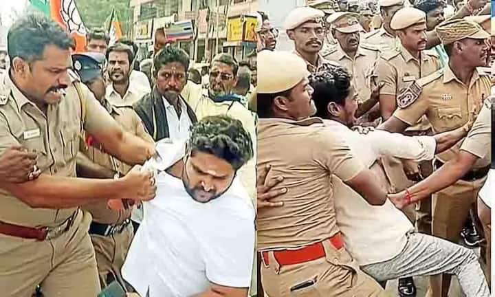 Clash between BJP-Police in protest held in Trichy TNN திருச்சியில் நடந்த போராட்டத்தில் பா.ஜ.க.- போலீசார் இடையே மோதல்