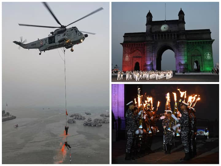 Indian Navy personnel perform during Beating Retreat and Tattoo Ceremony Ahead Of Navy Day on December 4.