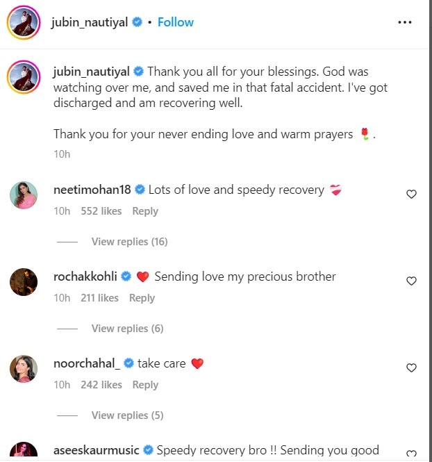 एक्सीडेंट के बाद अब कैसी है Jubin Nautiyal की हालत? सिंगर ने अस्पताल के बेड से अपनी तस्वीर के साथ शेयर किया हेल्थ अपडेट