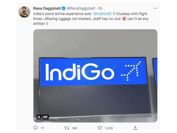 Rana Daggubati ने खराब सर्विस को लेकर इंडिगो एयरलाइन पर जमकर निकाली अपनी भड़ास, ट्वीट कर लगाए ऐसे आरोप