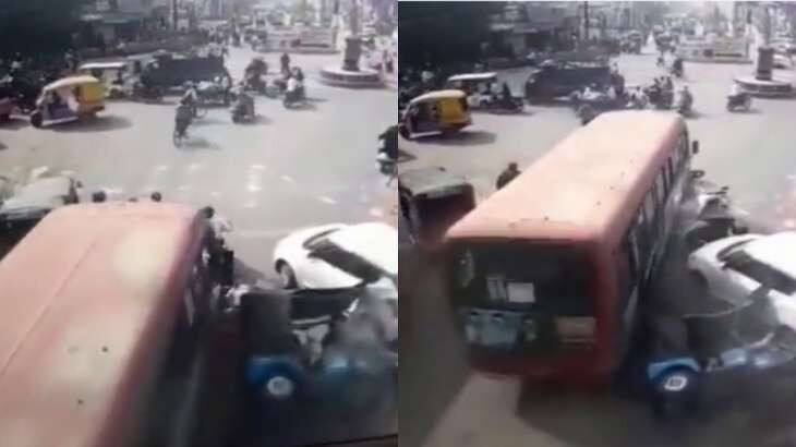 bus driver heart attack on road crushed people and vehicle in Jabalpur Madhya Pradesh Viral Video: ਚੱਲਦੀ ਬੱਸ ਦੇ ਡਰਾਈਵਰ ਨੂੰ ਪਿਆ ਦਿਲ ਦਾ ਦੌਰਾ, ਫਿਰ ਸੜਕ 'ਤੇ ਮਚ ਗਈ ਹਫੜਾ-ਦਫੜੀ