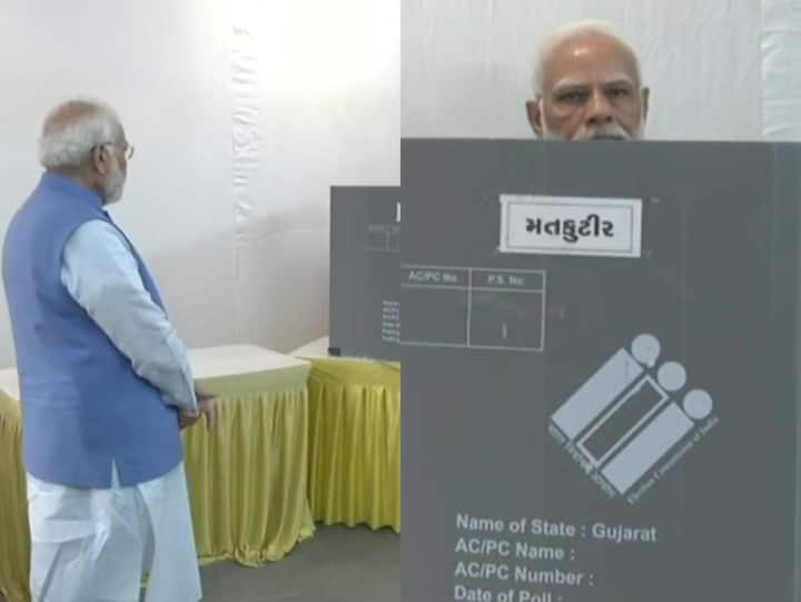 Prime Minister Narendra Modi casts his vote for the second phase of the Gujarat Assembly elections at Nishan Public school, Ranip. (Photo: ANI)