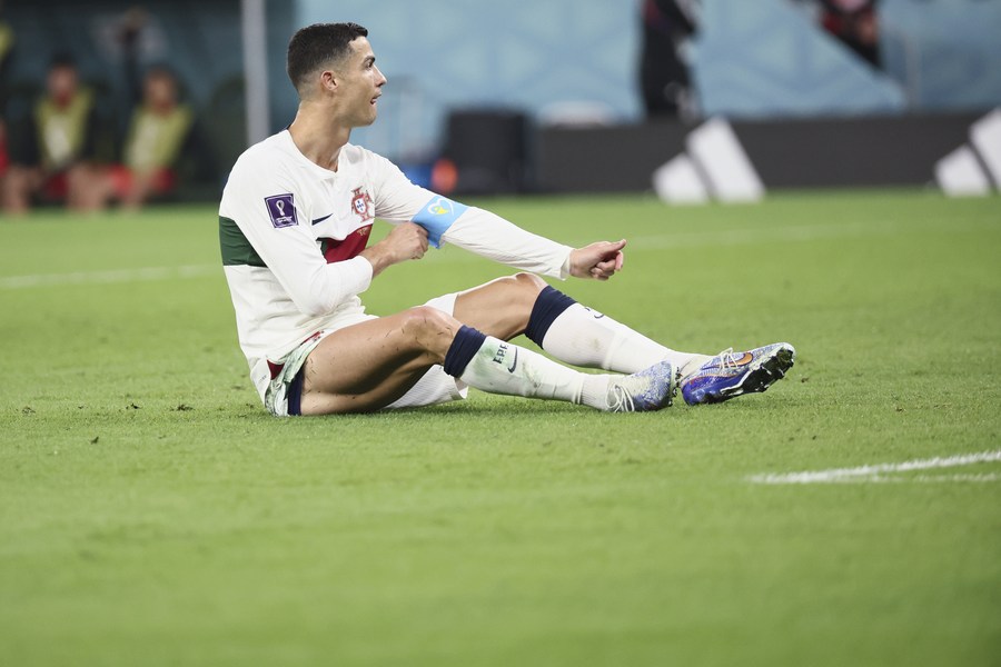 Cristiano Ronaldo of Portugal reacts after missing a goal during the Group H match against South Korea at the 2022 FIFA World Cup at Education City Stadium in Al Rayyan, Qatar, Dec. 2, 2022.