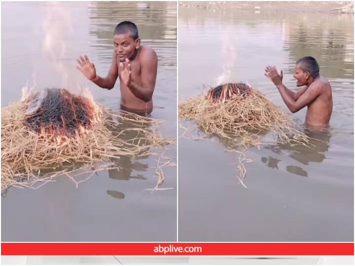 Man trying Desi Jugaad to take bath in winter Video: सर्दी में नहाने का अजब-गजब जुगाड़, वीडियो देख नहीं रोक पाएंगे अपनी हंसी