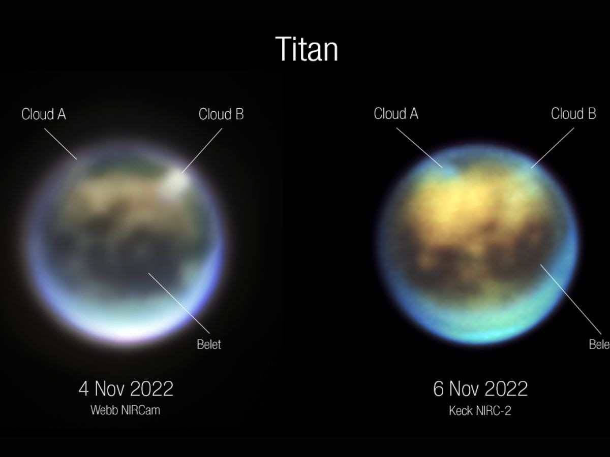 Los investigadores han nombrado las dos nubes observadas en Titán Nube A y Nube B.  (Foto: NASA/ESA/CSA/STScI)