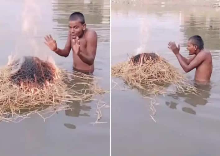 desi jugaad to take bath in winter boys trick for bath in winter video viral Viral Video : 'थंडे-थंडे पाणी से...'; हिवाळ्यात अंघोळ करताना थंडी वाजू नये म्हणून पठ्ठ्याची अनोखी शक्कल