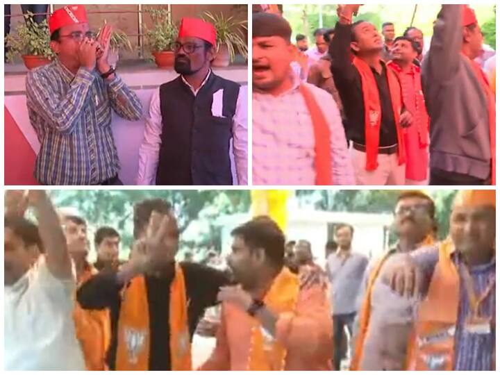 Celebrations at the BJP office 'Shri Kamalam' in Gandhinagar trends indicate a clear lead of the party in the Gujarat assembly election.