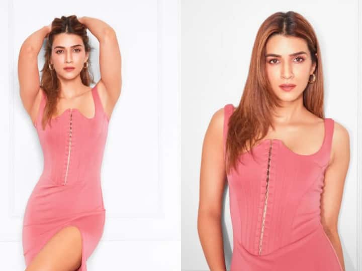 Kriti Sanon was recently seen at Manish Malhotra's birthday bash along with other celebrities, where she looked gorgeous in a pink dress. Here are the pictures.