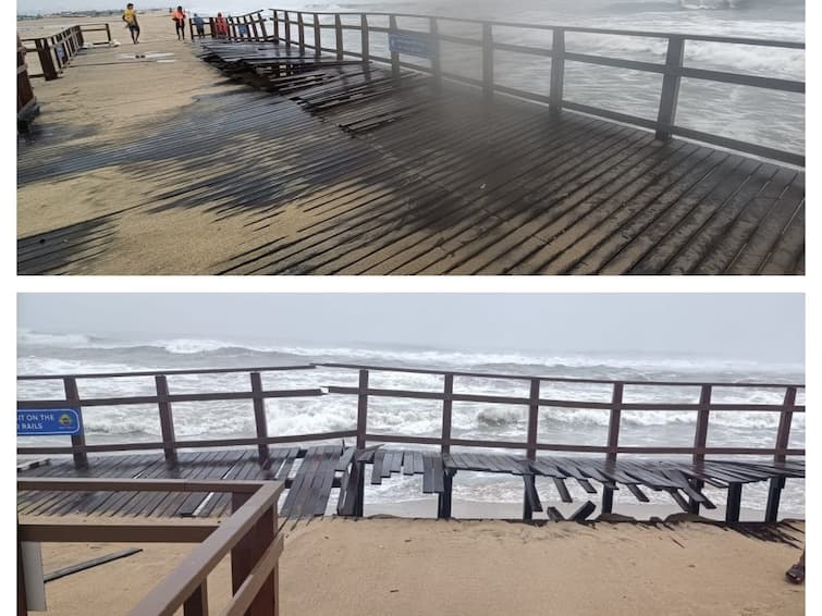 Cyclone Mandous damaged the marina's disabled access lane Cyclone Mandous: மாண்டஸ் புயலால் மெரினாவில் அமைக்கப்பட்ட மாற்றுதிறனாளிகளுக்கான சிறப்புபாதை சேதம்!