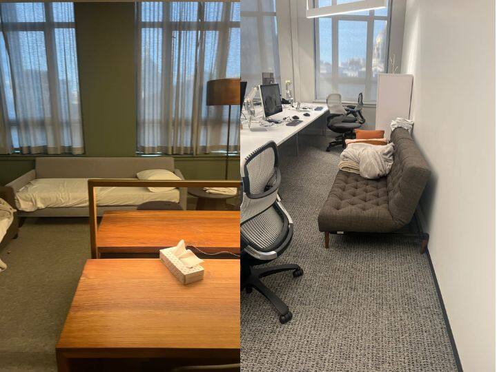 एलन मस्क ने सैन फ्रांसिस्को स्थित ट्विटर ऑफिस को बेडरूम में तबदील कर दिया है. BBC के हाथ अंदर की तस्वीरें लगी हैं. जेम्स क्लेटन ने ट्विटर के जरिए तस्वीरें शेयर की हैं. तस्वीर में बीच में बेड, फ्यूटन काउच, चादर, तकिए और सोफे दिखाई दे रहे हैं.