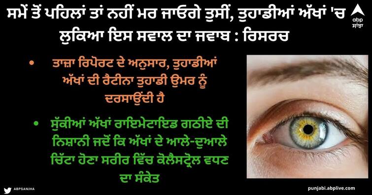 Research on Eyes: You will not die prematurely, the answer to this question is hidden in your eyes: Research Reaearch on Eyes : ਸਮੇਂ ਤੋਂ ਪਹਿਲਾਂ ਤਾਂ ਨਹੀਂ ਮਰ ਜਾਓਗੇ ਤੁਸੀਂ, ਤੁਹਾਡੀਆਂ ਅੱਖਾਂ 'ਚ ਲੁਕਿਆ ਇਸ ਸਵਾਲ ਦਾ ਜਵਾਬ : ਰਿਸਰਚ