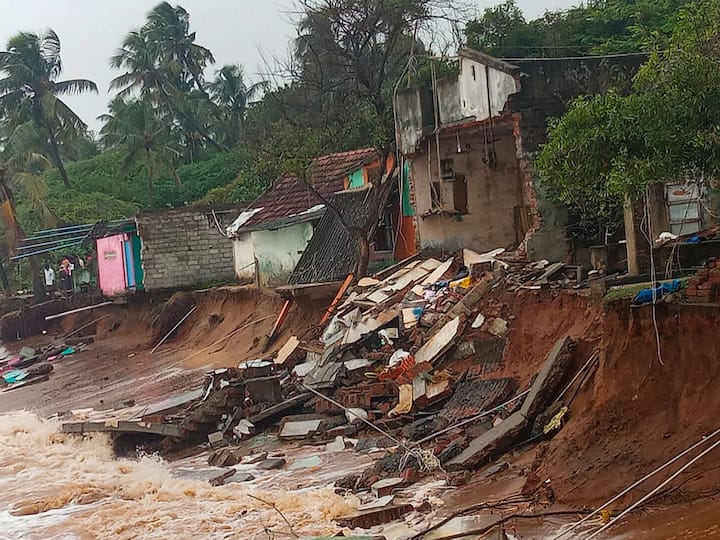 Houses swept away by the sea waves due to cyclonic storm Mandous, in Puducherry, Friday, Dec. 9, 2022. (Source: ANI)
