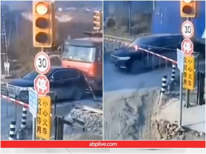Video: ट्रक से धक्का लगने के कारण रेलवे ट्रैक पर पहुंची कार, चंद सेकेंड में टला हादसा Car saved from being hit by a train at a railway crossing Video: ट्रक से धक्का लगने के कारण रेलवे ट्रैक पर पहुंची कार, चंद सेकेंड में टला हादसा