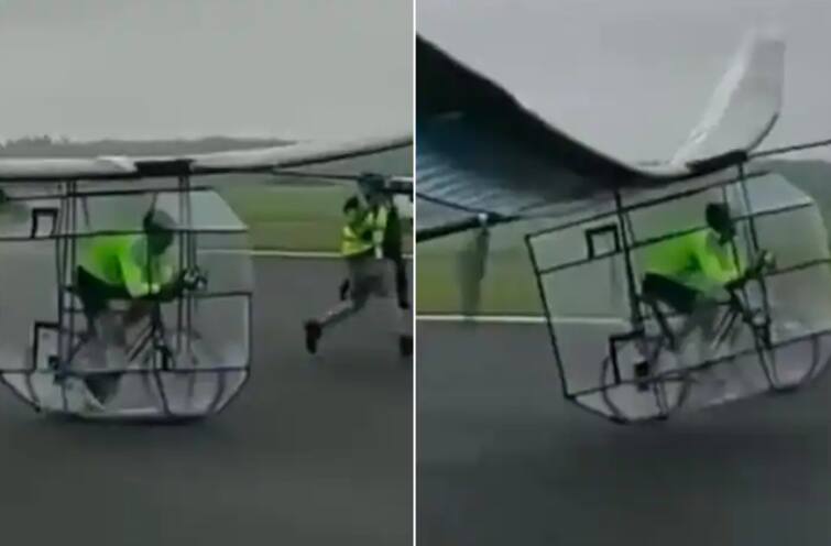 man flies in air like plane by pedalling bicycle viral video Viral Video : अरेच्चा! हे काय झालं? सायकल चालवता-चालवता चक्क हवेत उडाला माणूस