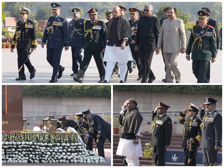 Defence Minister Rajnath Singh with Chief of Defence Staff Gen Anil Chauhan, Army chief Gen Manoj Pande, Air Chief Marshal VR Chaudhari, & Vice Chief of Indian Navy at National War Memorial.