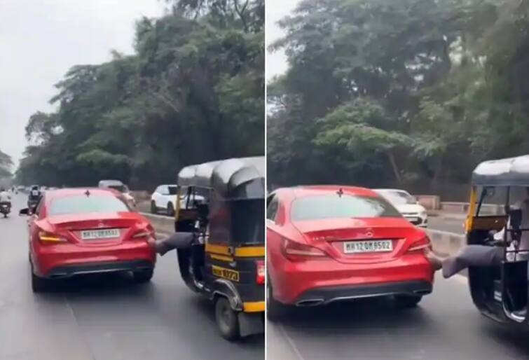 auto driver pushed after mercedes car ran out of petrol ਲਗਜ਼ਰੀ ਕਾਰ ਮਰਸੀਡੀਜ਼ ਦਾ ਪੈਟਰੋਲ ਅੱਧ ਵਿਚਕਾਰ ਹੀ ਹੋਇਆ ਖਤਮ, ਆਟੋ ਚਾਲਕ ਨੇ ਮਾਰਿਆ ਧੱਕਾ