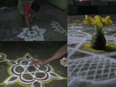 மார்கழி மாதம் அல்லவா? - முதல் நாளில் அதிகாலையில் வாசலில் வண்ண வண்ண கோலமிட்டு பூ வைத்த பெண்கள்!