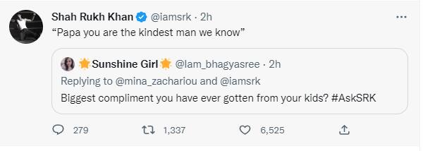 शाहरुख के एक फैन ने उनके बच्चों से मिले अब तक के बेस्ट कम्प्लिमेंट को जानना चाहा तो पठान एक्टर ने जवाब दिया, 'पापा हमारे लिए आप सबसे दयालु इंसान हो..'