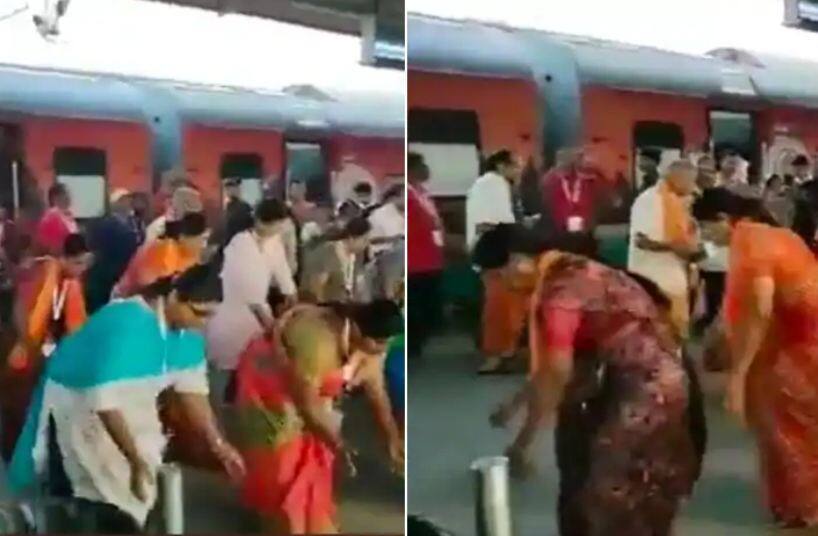 ladies dance on Jabalpur railway platform welcoming kasha tamil participants video Viral Video: ਰੇਲਵੇ ਪਲੇਟਫਾਰਮ 'ਤੇ ਅਚਾਨਕ Folk Dance ਕਰਨਾ ਲੱਗੀਆਂ ਔਰਤਾਂ, ਹੈਰਾਨ ਰਹਿ ਗਏ ਯਾਤਰੀ