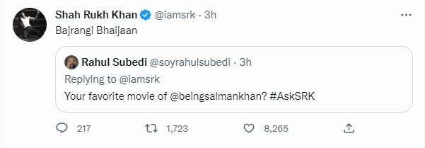 वहीं, एक यूजर ने शाहरुख खान से उनकी सलमान खान की कोई फेवरेट मूवी पूछी तो उन्होंने 'बजरंगी भाईजान' का नाम लिया.