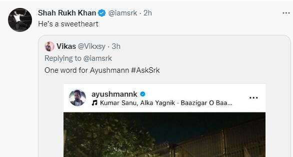 एक्टर आयुष्मान खुराना को शाहरुख खान ने स्वीटहार्ट कहकर फैन के सवाल का जवाब दिया.