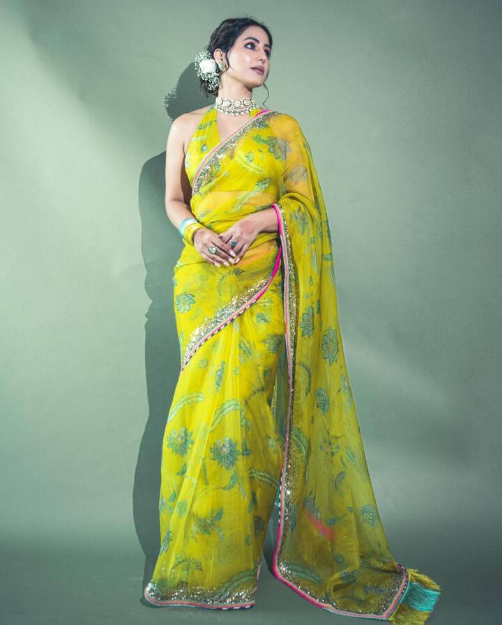 हिनाने साडीसोबत मॅचिंग कुंदन चोकर नेकपीस घातला आहे.(फोटो सौजन्य :realhinakhan/इंस्टाग्राम)