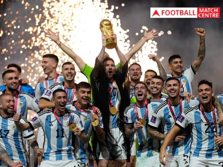 Argentina players winning celebration after beating france in FIFA World Cup 2022 World Champion Argentina ARG vs FRA Watch: अनोखे अंदाज में अपनी टीम के पास ट्रॉफी लेकर आए मेसी, खिलाड़ियों ने ऐसे मनाया वर्ल्ड चैंपियन बनने का जश्न