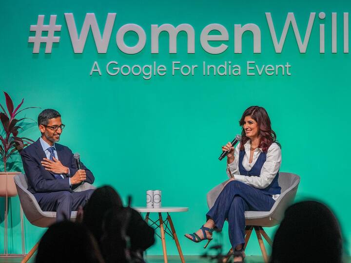 As part of a #WomenWill, Pichai held a conversation with actress and author Twinkle Khanna. During the conversation, Google also showed how some AI startups led by women were working. ( Image Source: PTI )