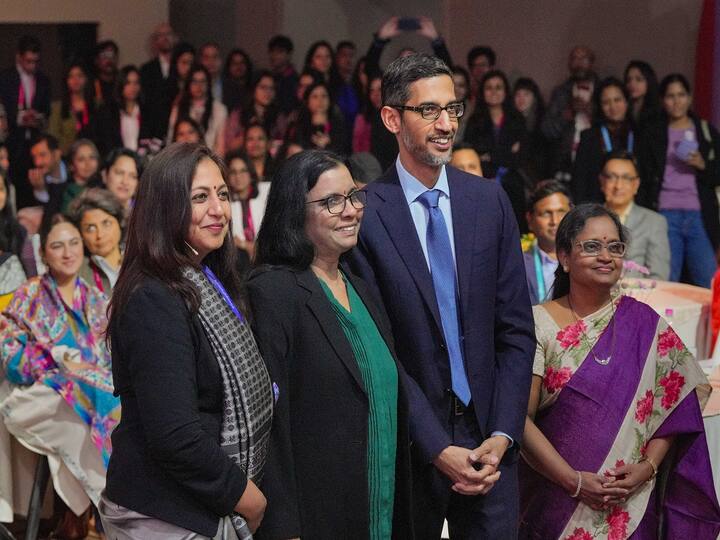 Sundar Pichai also met with women AI innovators Wysa Founder & CEO Jo Aggarwal, Niramai Health Analytix Founder Dr Geetha Manjunath, Telangana State Director of Emerging Technology Rama Devi, during the 'Women Will' session at Google for India Summit 2022, in New Delhi. ( Image Source: PTI )