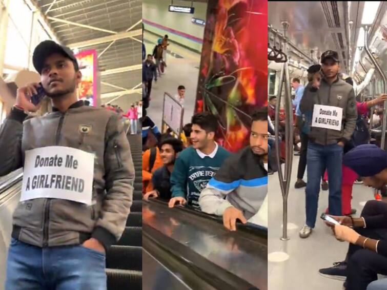 man asking donate me a girlfriend at delhi metro station people shocked over his gesture Viral Video: ਦਾਨ 'ਚ 'ਗਰਲਫ੍ਰੈਂਡ' ਮੰਗ ਰਿਹਾ ਹੈ ਮੁੰਡਾ! ਜਦੋਂ ਪੋਸਟਰ ਲੈ ਕੇ ਮੈਟਰੋ ਸਟੇਸ਼ਨ 'ਤੇ ਘੁੰਮਿਆ ਤਾਂ ਲੋਕ ਹੈਰਾਨ ਰਹਿ ਗਏ...