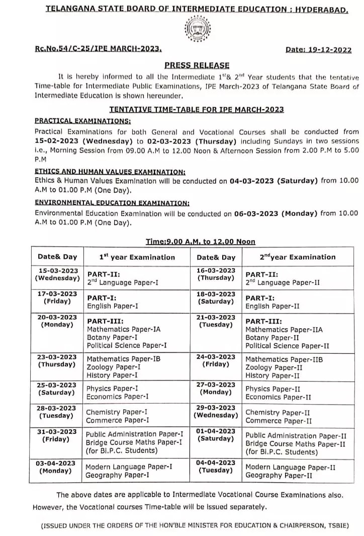 TS Inter Exam Dates 2023: తెలంగాణ ఇంటర్‌ పరీక్షల షెడ్యూల్‌ విడుదల, తేదీల వివరాలివే