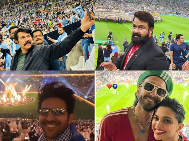 FIFA 2022 Mammootty Mohanlal Deepika Ranveer Karthik Aryan Witness The Unforgettable Finals FIFA 2022: மலையாள சூப்பர் ஸ்டார்கள் டூ பாலிவுட் நடிகர்கள் வரை... உலகக்கோப்பை கால்பந்து போட்டியை நேரில் கண்டுகளித்த பிரபலங்கள்!