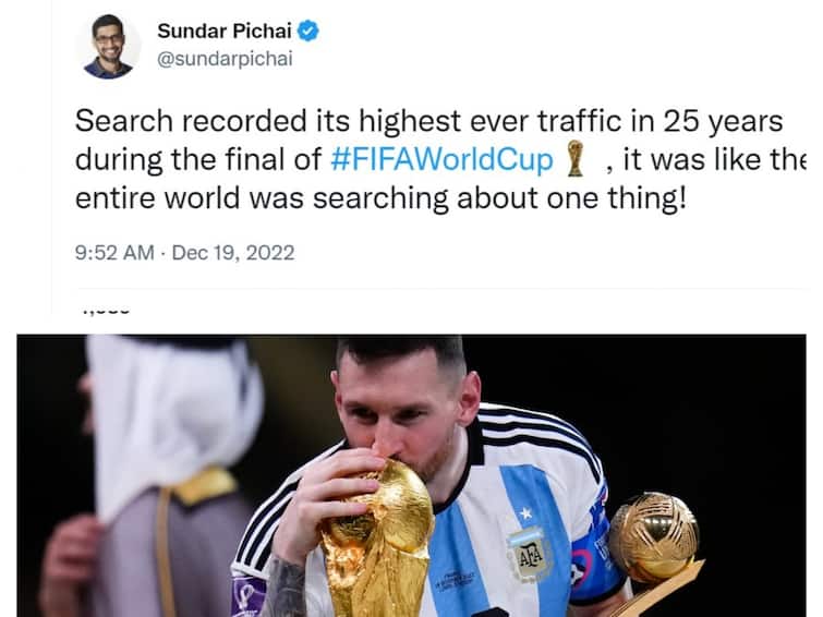 FIFA WORLDCUP 2022: Google Search hits highest-ever traffic in 25 years  : Sundar Pichai FIFA WORLDCUP 2022: கூகுளில் கடந்த 25 ஆண்டுகளில் அதிகம் தேடப்பட்டது இதுதான்: சுந்தர் பிச்சை வெளியிட்ட சுவாரஸ்ய தகவல்!