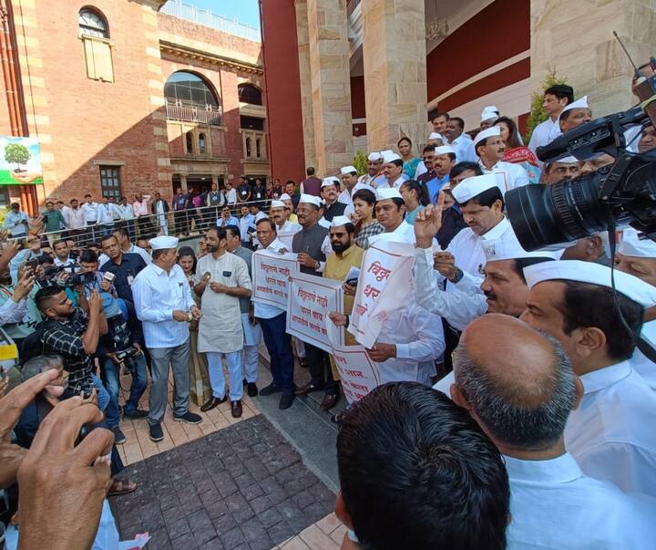 विरोधक एकत्र पायऱ्यांवर घोषणा देत असताना अचानक सलग दुसऱ्या दिवशी सत्ताधारी आमदारांनी माध्यमांचे लक्ष आपल्याकडे वळविण्याचा प्रयत्न केला.