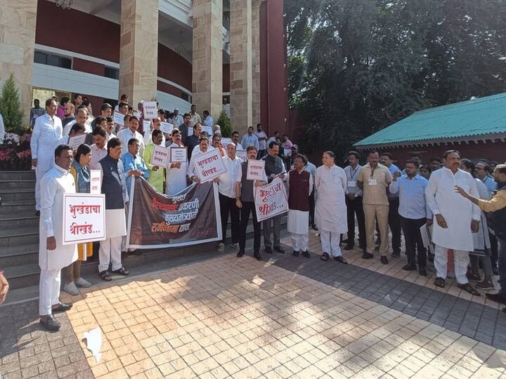 विधान भवनाच्या पायऱ्यांवर शिवसेना, कॉंग्रेस नेत्यांसोबत राष्ट्रवादी कॉंग्रेसच्या ज्येष्ठ नेत्यांचीही उपस्थिती होती.