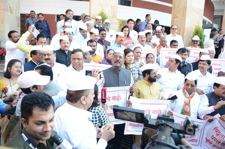 विठ्ठलाचे नाही धरले पाय, मविआचे करायचे काय, असे फलक सत्ताधारी आमदारांच्या हातात होते.