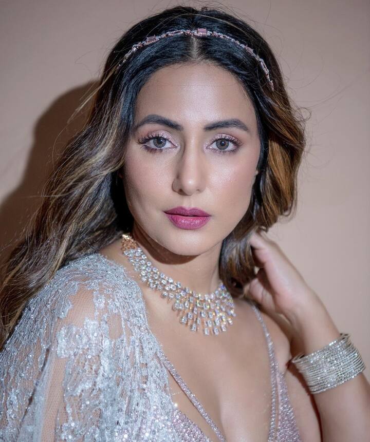 हिनाने साडीसोबत मॅचिंग हिऱ्याचा चोकर नेकपीस घातला आहे.(फोटो सौजन्य :realhinakhan/इंस्टाग्राम)