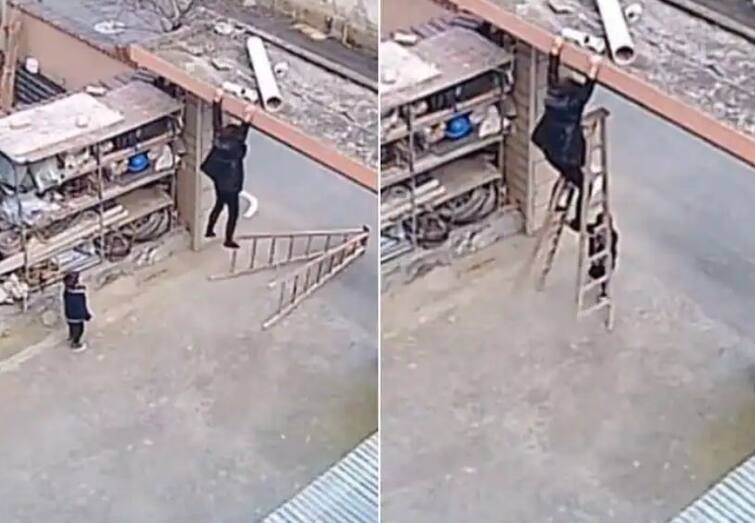 small kid is seen helping a mother who is in trouble after falling off a ladder Viral Video: ਢਾਈ ਸਾਲ ਦੇ ਬੱਚੇ ਨੇ ਬਚਾਈ ਆਪਣੀ ਮਾਂ ਦੀ ਜਾਨ, ਪੌੜੀ ਡਿੱਗਣ ਕਾਰਨ ਖੰਭੇ 'ਤੇ ਲਟਕ ਰਹੀ ਸੀ, ਇਸ ਬੱਚੇ ਨੂੰ ਸਲਾਮ