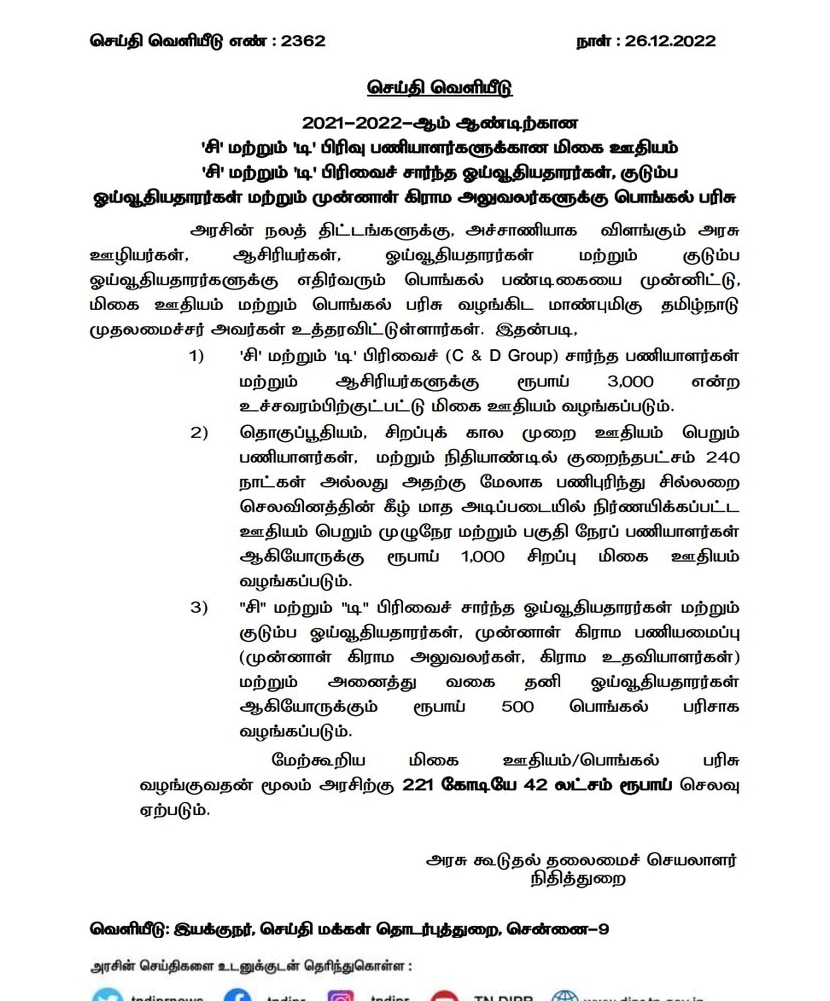 Pongal Bonus 2023: அரசு ஊழியர்கள், ஆசிரியர்கள், ஓய்வூதியதாரர்களுக்கு பொங்கல் போனஸ்..! எவ்வளவு தெரியுமா..?