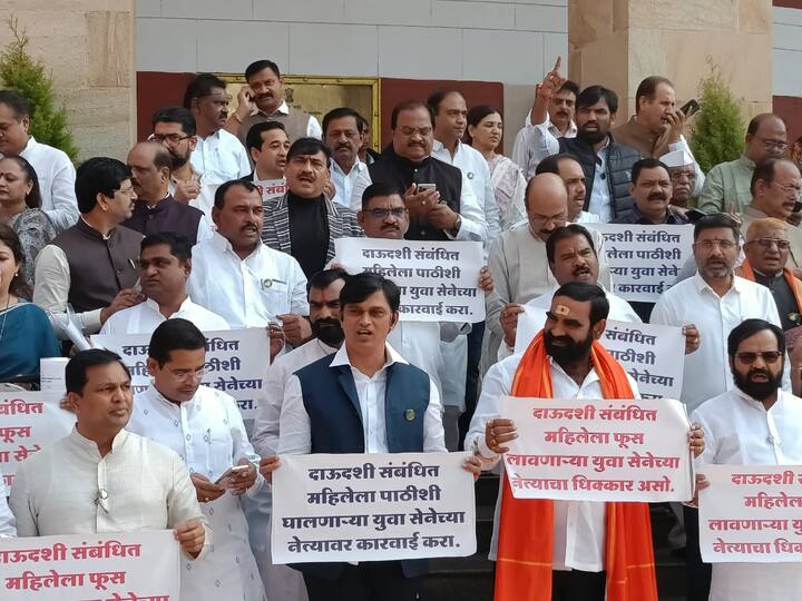 सत्ताधाऱ्यांनी दाऊदशी संबंधित महिलेला पाठीशी घालणाऱ्या युवा सेनेच्या नेत्यांवर कारवाई करा असे फलक हातात घेऊन विधानभवनाच्या पायऱ्यांवर घोषणा दिल्या.