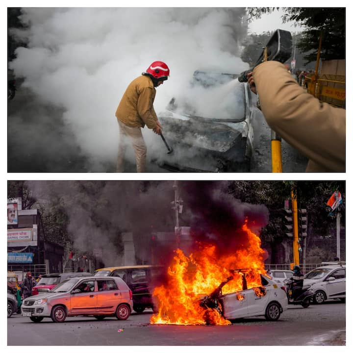 A white car caught fire on Monday morning at Delhi's ITO Chowk today.