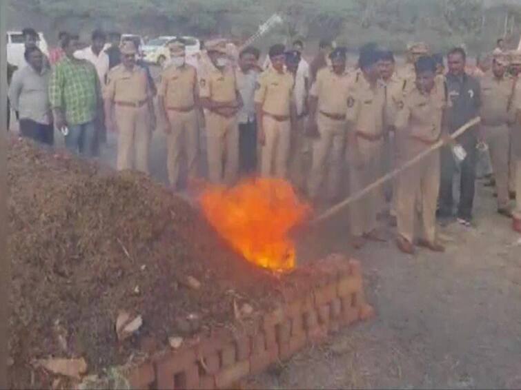 Andhra Pradesh Police burns 14000 kg of ganja seized in various cases during last 30 years ஆந்திரா: 30 ஆண்டுகளில் கைப்பற்றப்பட்டவை! 14,000 கிலோ கஞ்சாவை எரித்த போலீசார்!