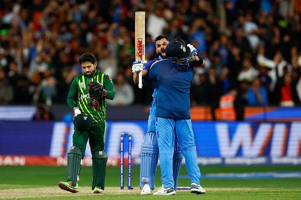Former India skipper Virat Kohli celebrates his team's thrilling win over arch-nemesis Pakistan during ICC Men's T20 World Cup 2022 match between the Men in Blue and Pakistan at Melbourne Cricket Ground on October 23, 2022 in Melbourne, Australia. Pic Courtesy: ICC via Getty Images