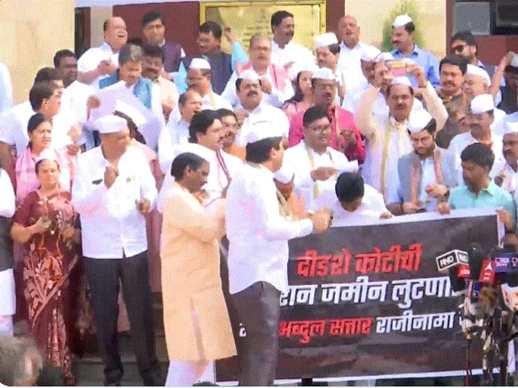 Unique Protest By Maharashtra Opposition MLAs Over Corruption Outside AssemblyWatch Unique Protest By Maharashtra Opposition MLAs Over Corruption Outside Assembly: Watch