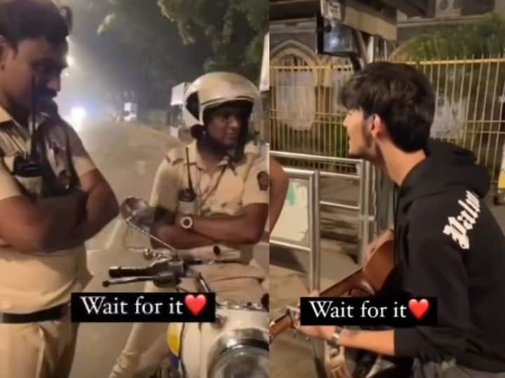 man sings kesariya on guitar for cops at marine drive Mumbai video viral on social media Viral Video: मुंबई पोलिसांसमोर तरुणानं गायलं केसरिया गाणं; व्हिडीओ पाहून नेटकरी म्हणाले...