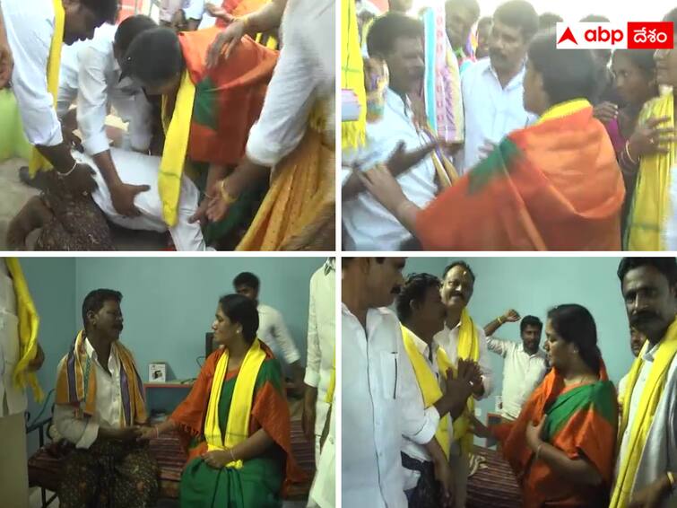 A follower of former minister Sunitha's legs held in Raptadu, Anantapur district regrets that he made a mistake by joining YCP from TDP వైసీపీలోకి వెళ్లి తప్పు చేశా- మాజీ మంత్రి కాళ్లు పట్టి వేడుకున్న లీడర్‌