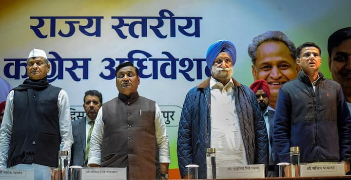 Rajasthan Chief Minister Ashok Gehlot with Rajasthan Congress President Govind Singh Dotasra and party leaders Sukhjinder Singh Randhawa and Sachin Pilot during the party's 138th Foundation Day function, in Jaipur. (Image: PTI)