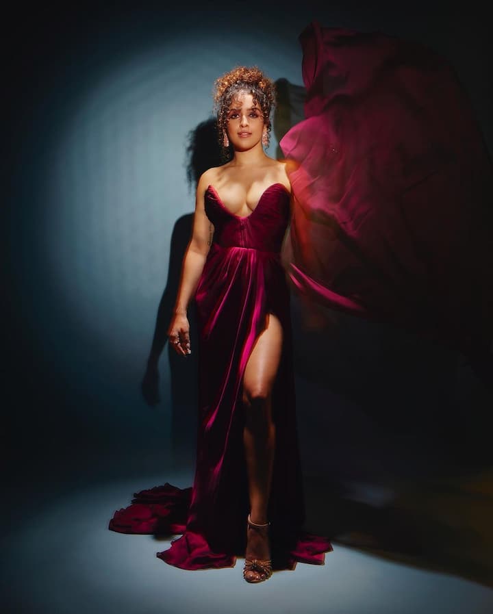 The actress recently wore a red velvet strapless gown.