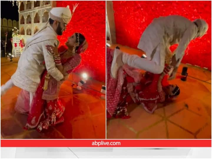 During romantic photo shoot groom could not handle his bride and dropped her Video: फोटोशूट के दौरान दूल्हे के हाथ से निकली दुल्हन, फिर हुआ कुछ ऐसा जो सोचा भी ना हो...